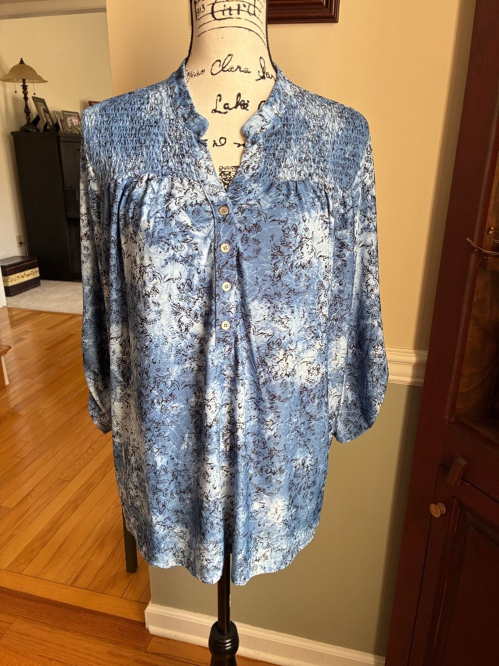 Notations Blue Floral Smocked Yoke Button-Front Blouse